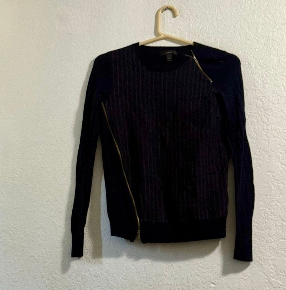 J crew  merino wool sweater striped zipper quiet luxury sz XS